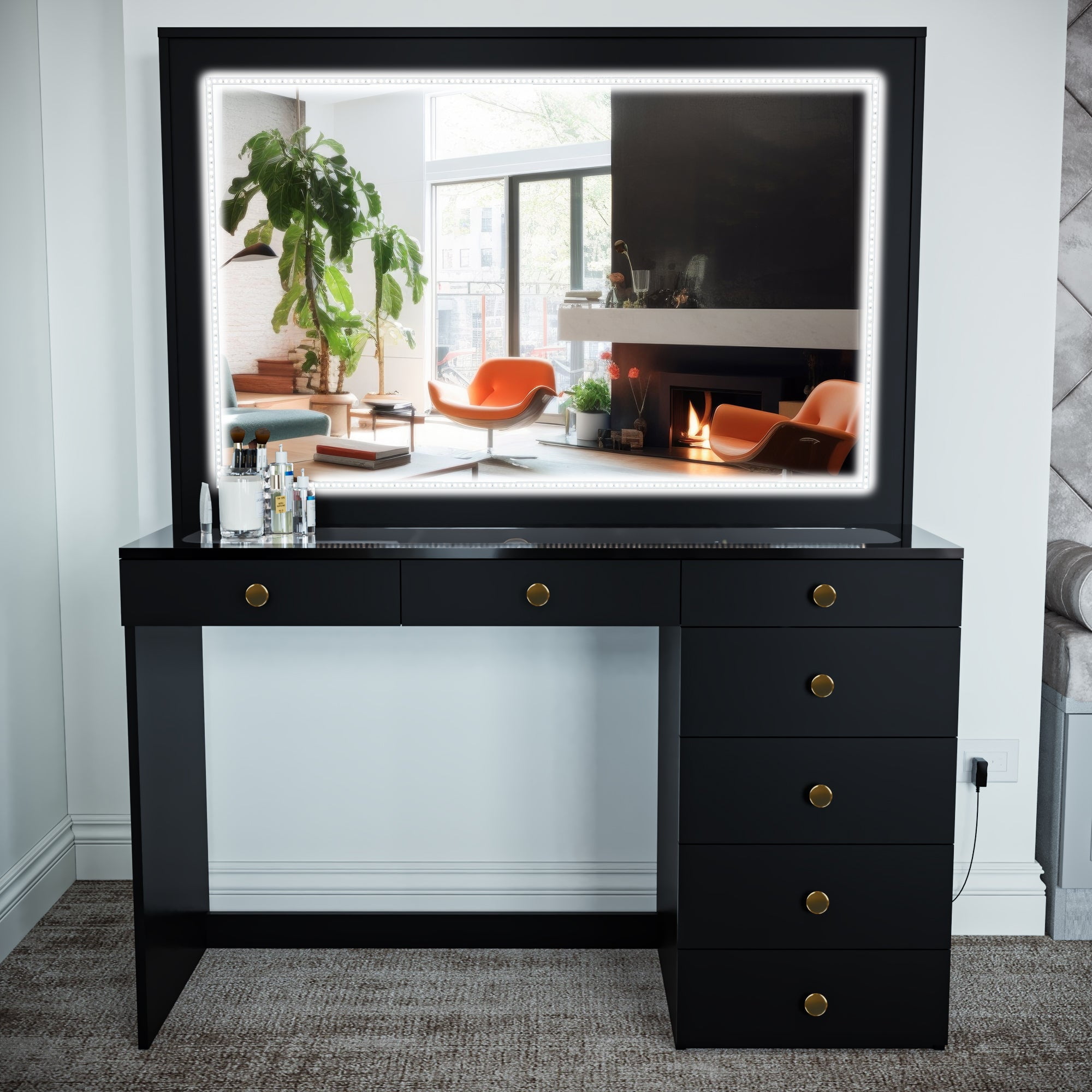 Ember Interiors Modern Black Vanity Desk with Mirror and Lights, 7