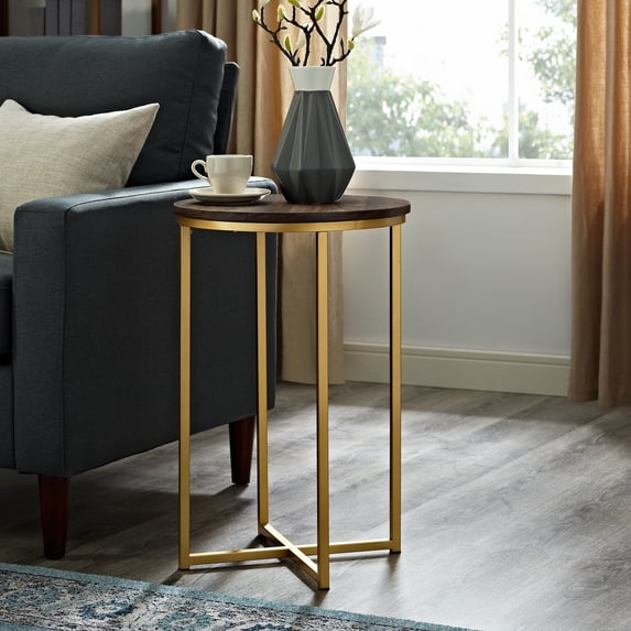 Ember Interiors Modern Glam Round End Table, Dark Walnut