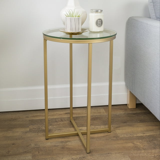 Ember Interiors Modern Glam Round End Table, Glass/Gold