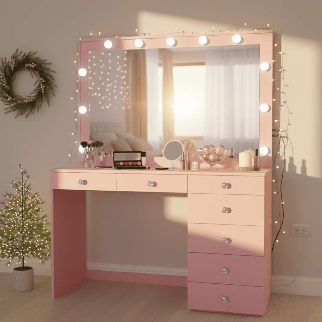 Ember Interiors Pink Makeup Vanity Desk with Lights, USB-C, Glass Top, 7 Drawers