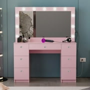 Ember Interiors Tammy Modern Large Pink Makeup Vanity Desk with Built-In Lights, Power Outlet with USB Type-C, 7 Drawers and Crystal Knobs