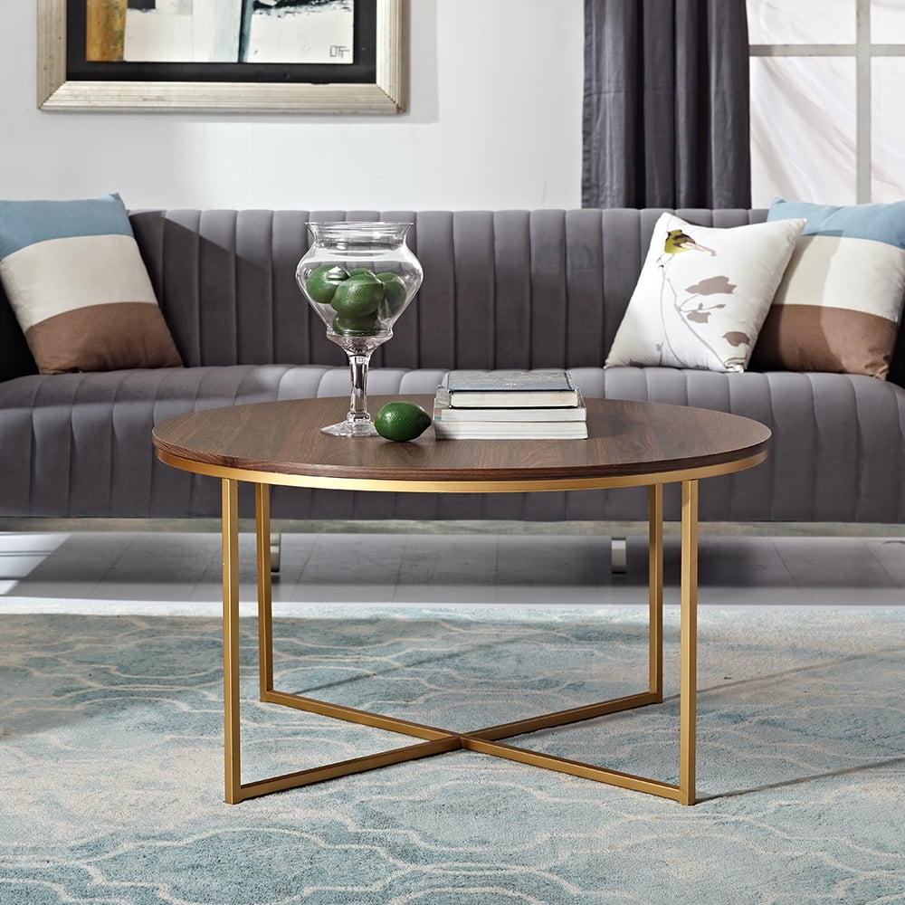 Ember Interiors Modern Round Coffee Table Dark Walnut Gold Walmart