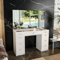 Ember Interiors Modern Vanity Table, 9 Drawers Cabinet Mirrors Crystal Knobs White for Bedroom