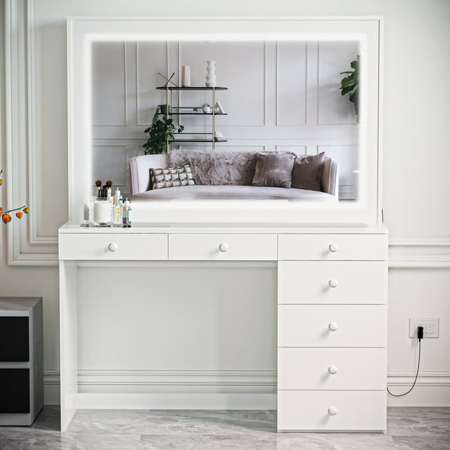 Ember Interiors Modern White Vanity with Mirror and Lights, 7 Drawers