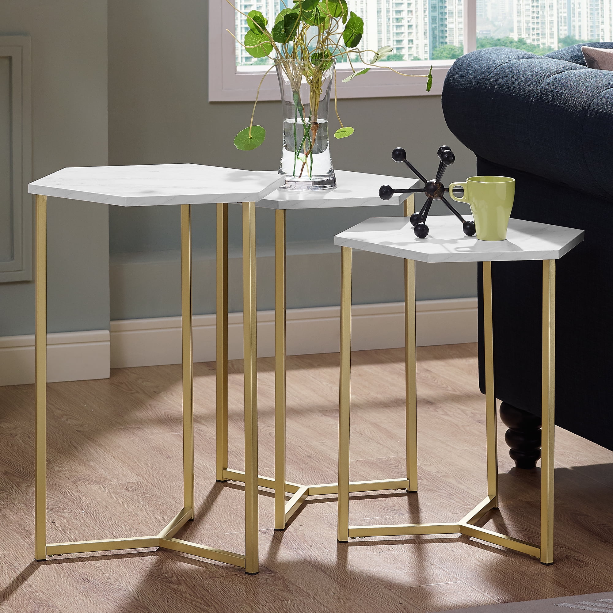 Ember Interiors Modern Wood Nesting Tables, Faux White Marble/Gold, Set of 3