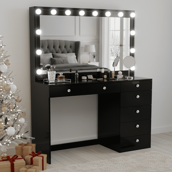 Ember Interiors Nadia Makeup Vanity with Lights, 7 Drawers, USB Ports, Crystal Knobs, Black