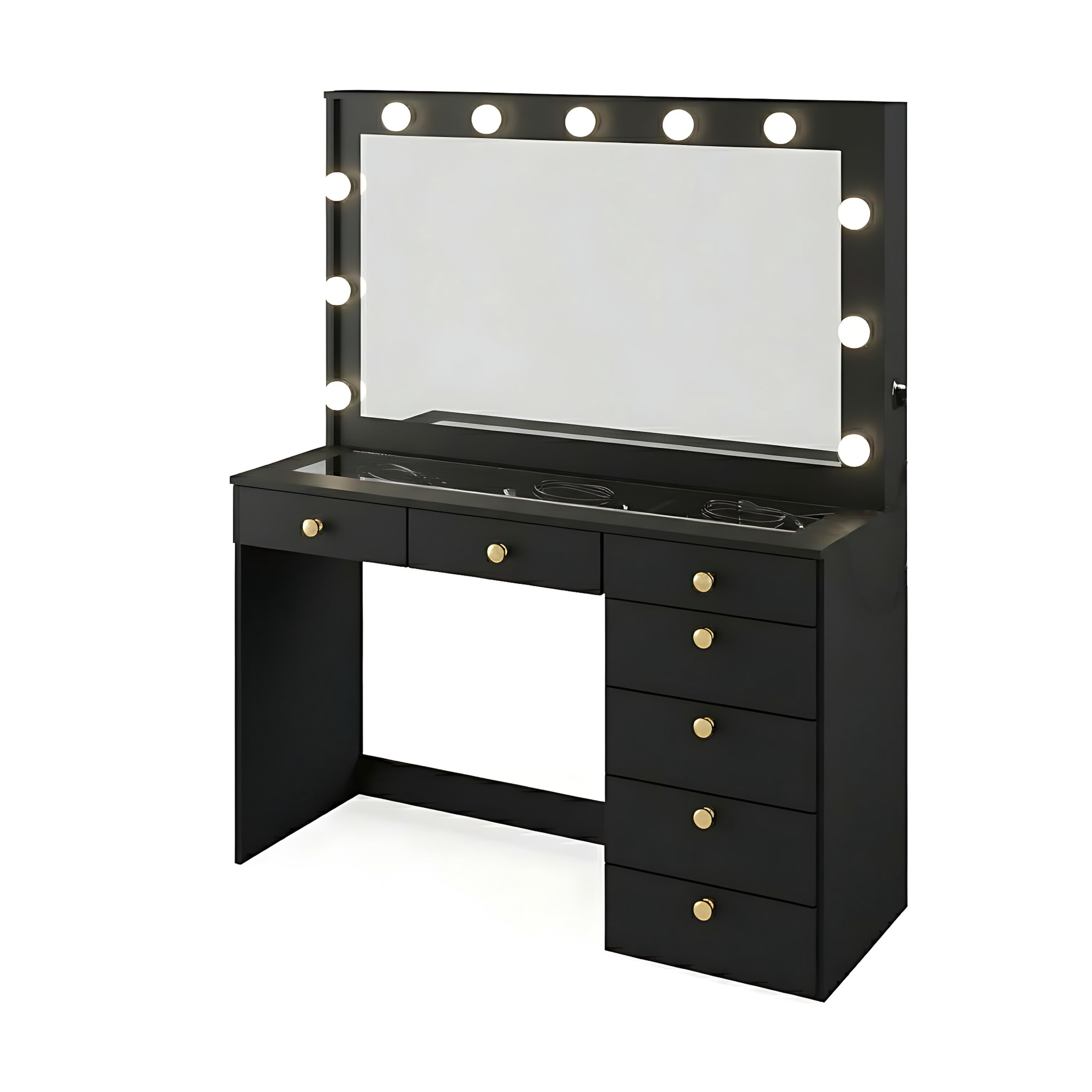 Ember Interiors Nadia Makeup Vanity with Lights, 7 Drawers, Power Outlet, Gold Knobs, Black