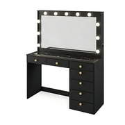 Ember Interiors Nadia Makeup Vanity with Lights, 7 Drawers, Power Outlet, Gold Knobs, Black