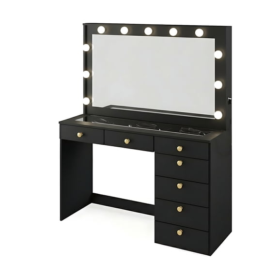 Ember Interiors Nadia Makeup Vanity with Lights, 7 Drawers, Power Outlet, Gold Knobs, Black