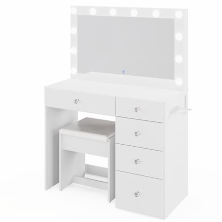 Ember Interiors Nadia Makeup Vanity Desk with 12 LED Lights, 5 Drawers, USB Charging Station, and Stool, White
