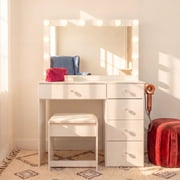 Ember Interiors Nadia Makeup Vanity Desk with 12 LED Lights, 5 Drawers, USB Charging Station, and Stool, White