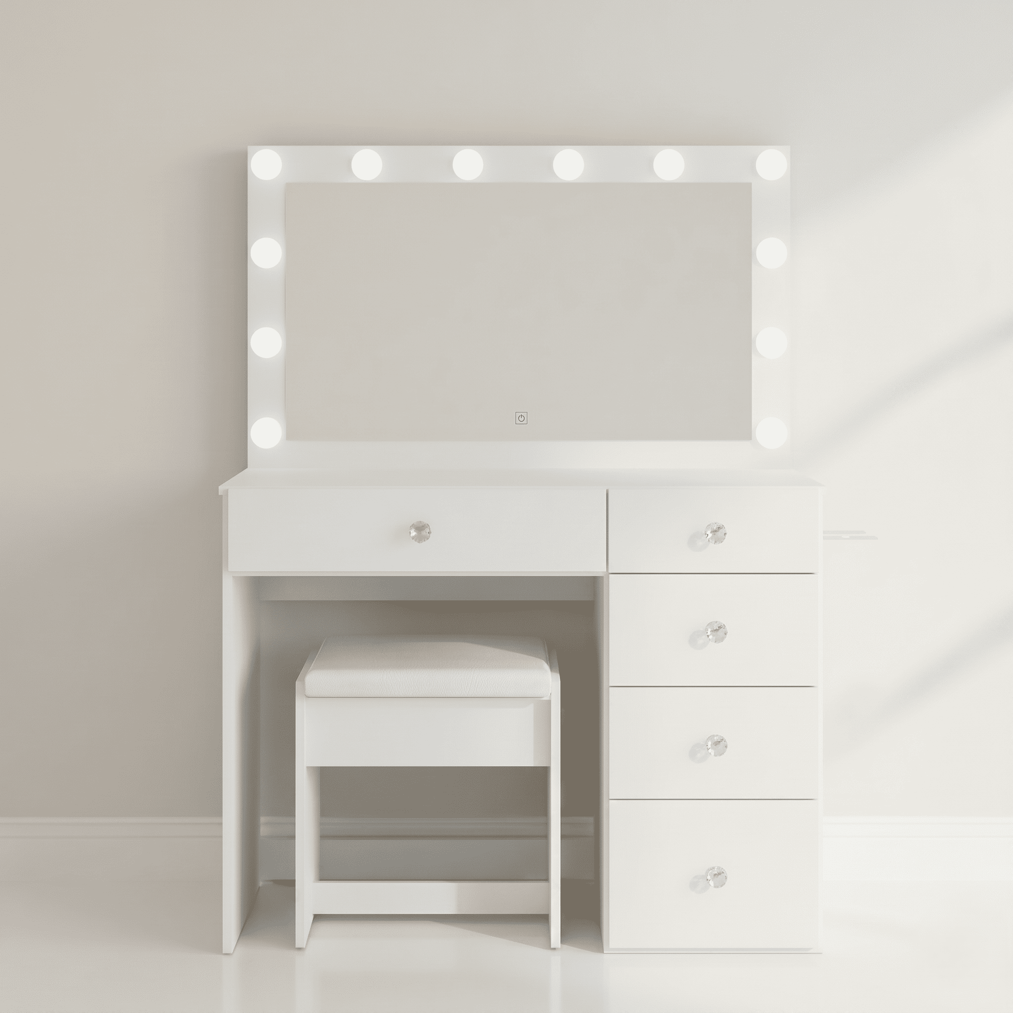 Ember Interiors Nadia Makeup Vanity Desk with 12 LED Lights, 5 Drawers, USB Charging Station, and Stool, White