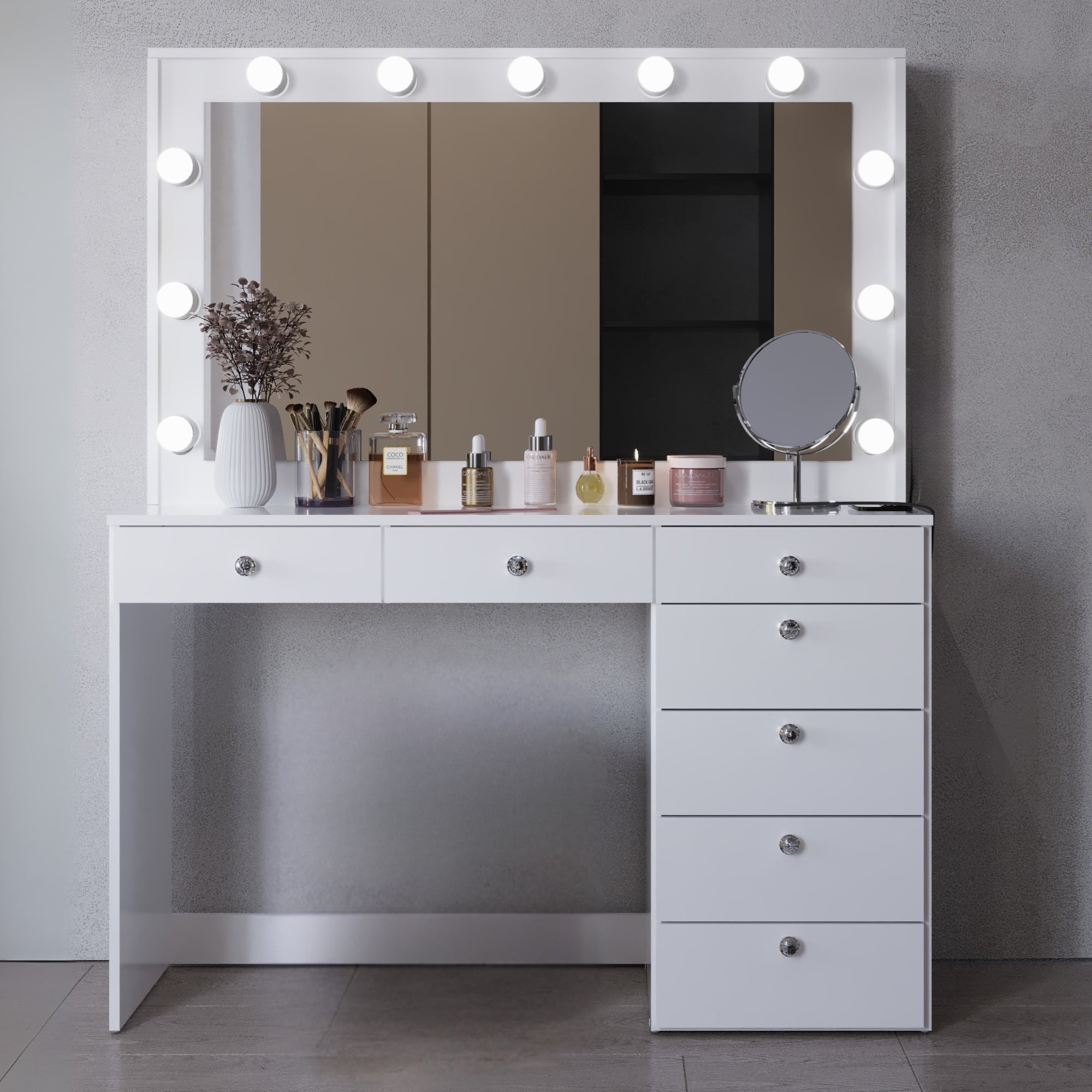 Ember Interiors Skylar Modern White Vanity Table with Add-On Bulbs