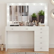 Ember Interiors Nadia Makeup Vanity with Lights, 7 Drawers, USB Ports, Crystal Knobs, White