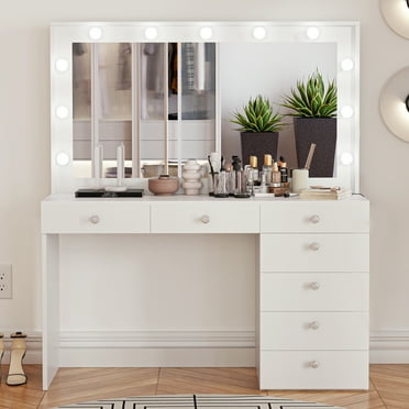 Ember Interiors Nadia Makeup Vanity with Lights, 7 Drawers, USB Ports, Crystal Knobs, White