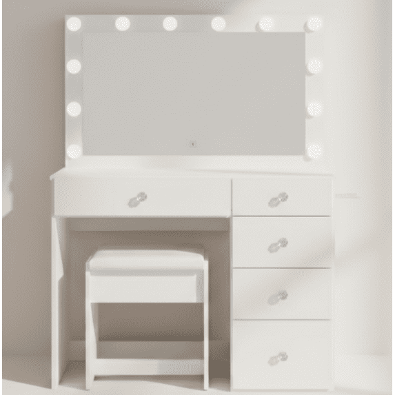 Ember Interiors Nadia Makeup Vanity Desk with 12 LED Lights, 5 Drawers, USB Charging Station, and Stool, White