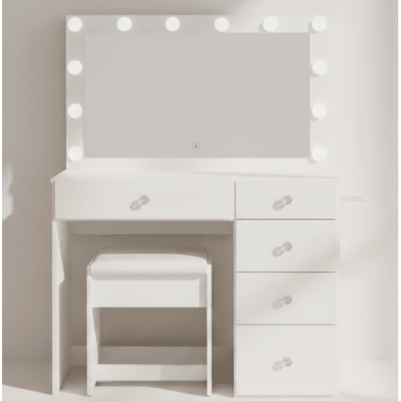 Ember Interiors Nadia Makeup Vanity Desk with 12 LED Lights, 5 Drawers, USB Charging Station, and Stool, White
