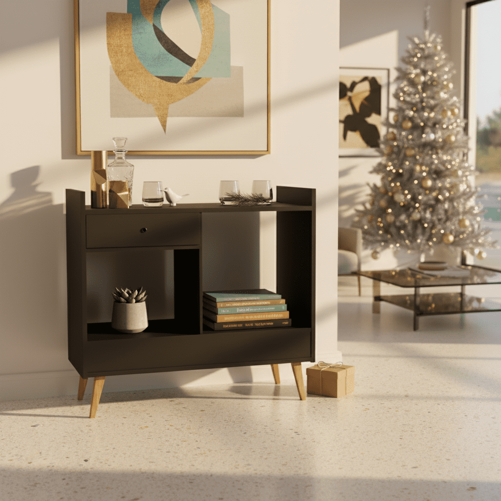 Ember Interiors Oxford Black Modern Bar Cabinet with Wine Storage, Drawer & Open Shelves – Compact Design for Living Room or Kitchen