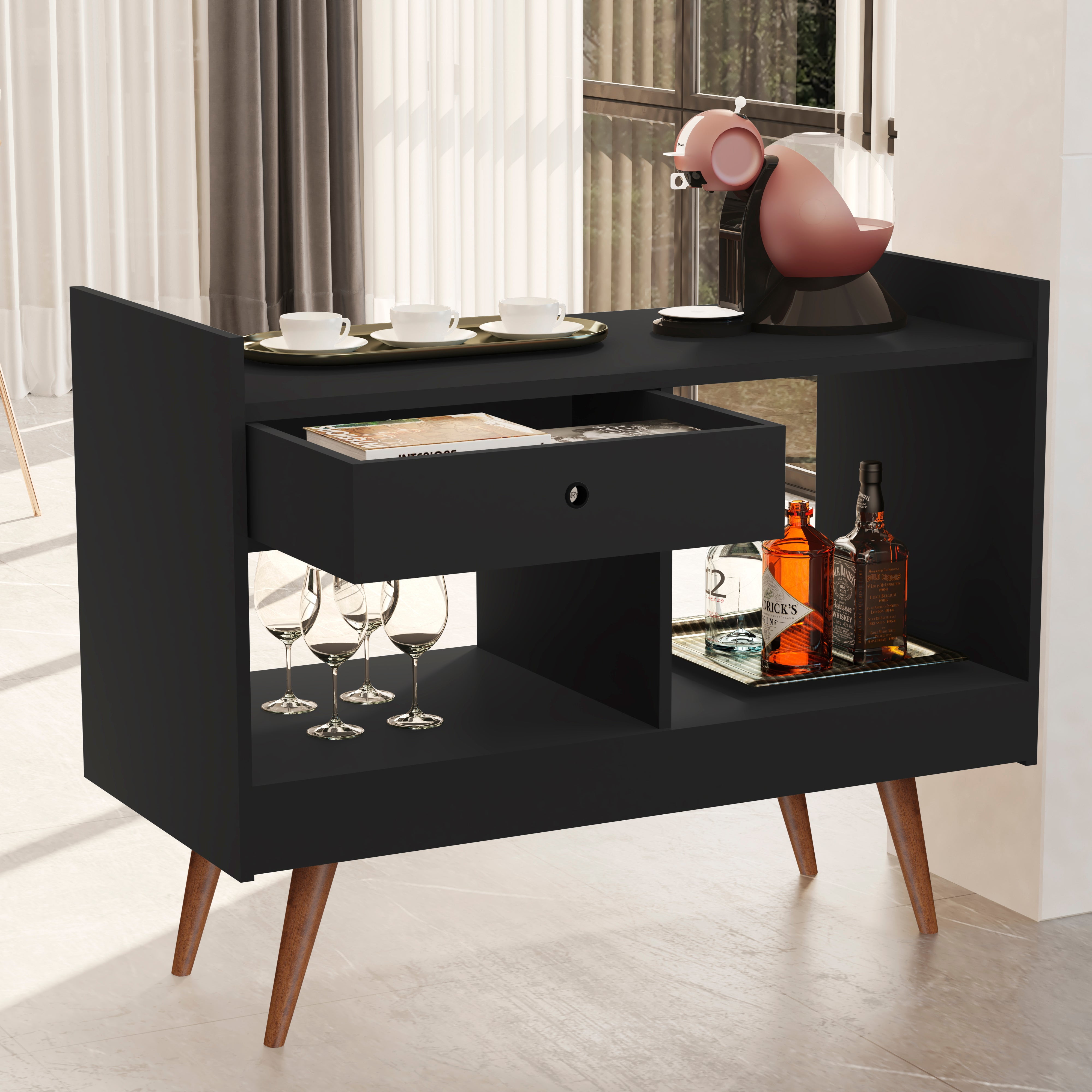 Ember Interiors Oxford Black Modern Bar Cabinet with Wine Storage ...