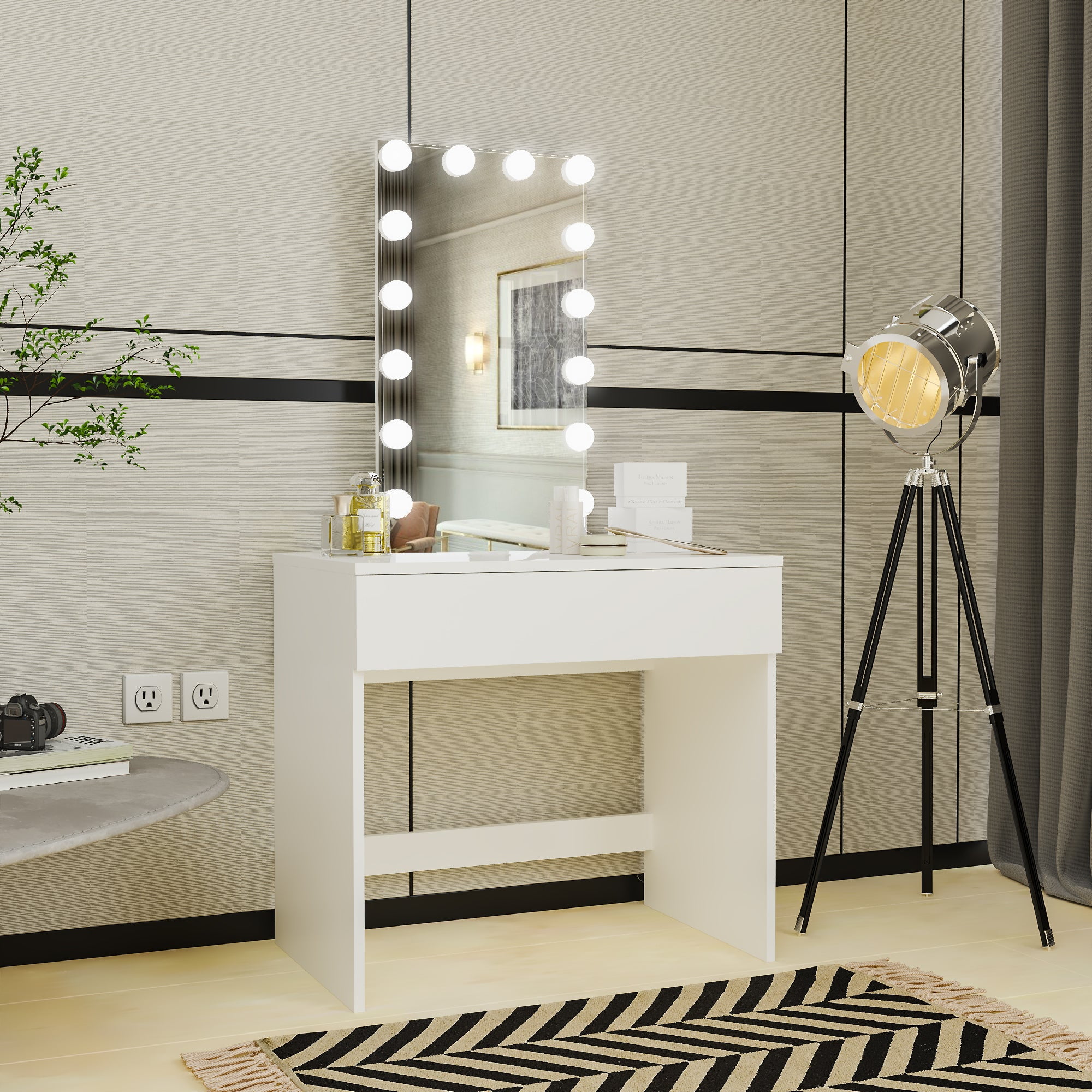 Ember Interiors Paisley White Makeup Vanity Desk with Lights, Mirror ...