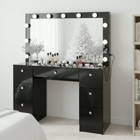 Ember Interiors Pam Black Makeup Vanity Desk with Mirror, Lights and Charging Station