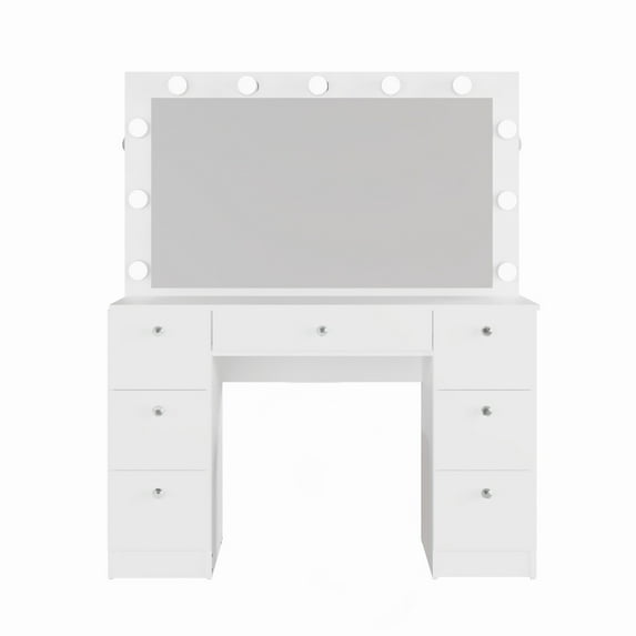 Ember Interiors Pam White Makeup Vanity Desk with Integrated Lights and Mirror