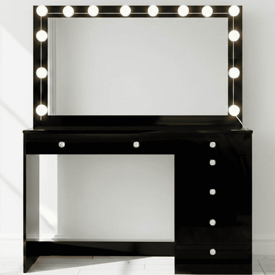Ember Interiors Peggy Modern Large Pink Vanity Desk with Lighted Mirror, 7  Drawers, Power Outlet with USB Type-C and Crystal Knobs for Women & Teens