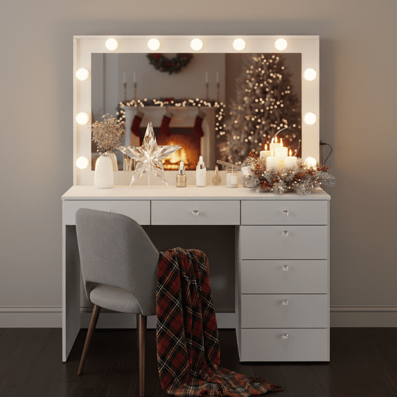 Ember Interiors Peggy Vanity Desk with Lighted Mirror and USB Ports