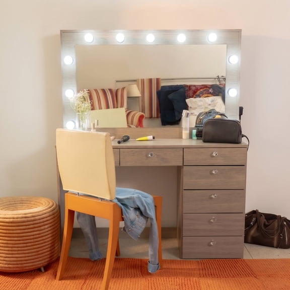 Ember Interiors Peggy Modern Large Greige Vanity Desk with Lighted Mirror, 7 Drawers, Power Outlet with USB Type-C and Crystal Knobs