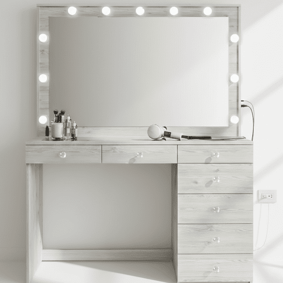 Ember Interiors Peggy Modern Large Greige Vanity Desk with Lighted Mirror, 7 Drawers, Power Outlet with USB Type-C and Crystal Knobs