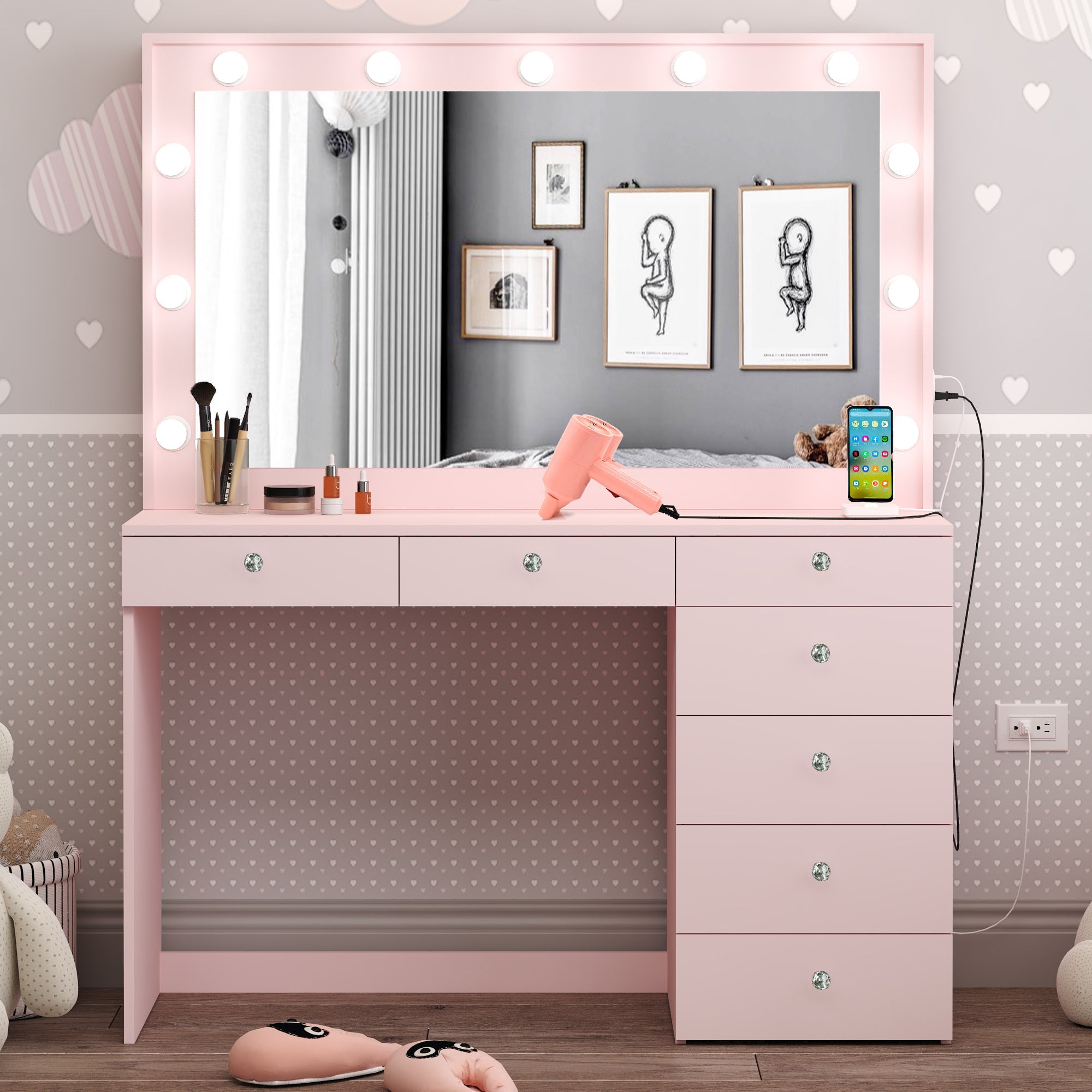 Ember Interiors Peggy Modern Large Pink Vanity Desk with Lighted Mirror, 7  Drawers, Power Outlet with USB Type-C and Crystal Knobs for Women & Teens