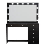 Ember Interiors Polly Black Makeup Vanity Desk with Lights, Charging Station