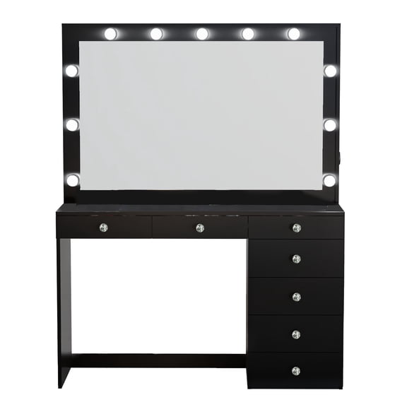 Ember Interiors Polly Black Makeup Vanity Desk with Lights, Charging Station