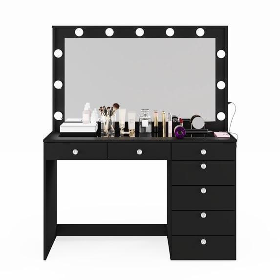 Ember Interiors Polly Black Makeup Vanity Desk with Lights, Charging Station