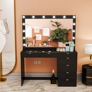 Ember Interiors Polly Modern Black Painted Vanity Table, Lights, for Bedroom