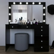 Ember Interiors Polly Black Makeup Vanity Desk with Lights, Charging Station