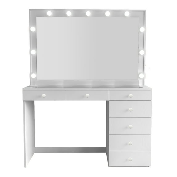 Ember Interiors Polly Modern White Painted Vanity Table, Lights, USB Port, for Bedroom