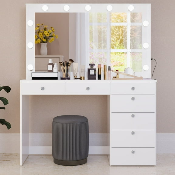 Ember Interiors Polly White Makeup Vanity Desk with Lights, Charging Station