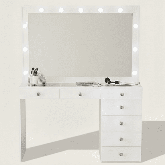 Ember Interiors Polly White Makeup Vanity Desk with Lights, Charging Station