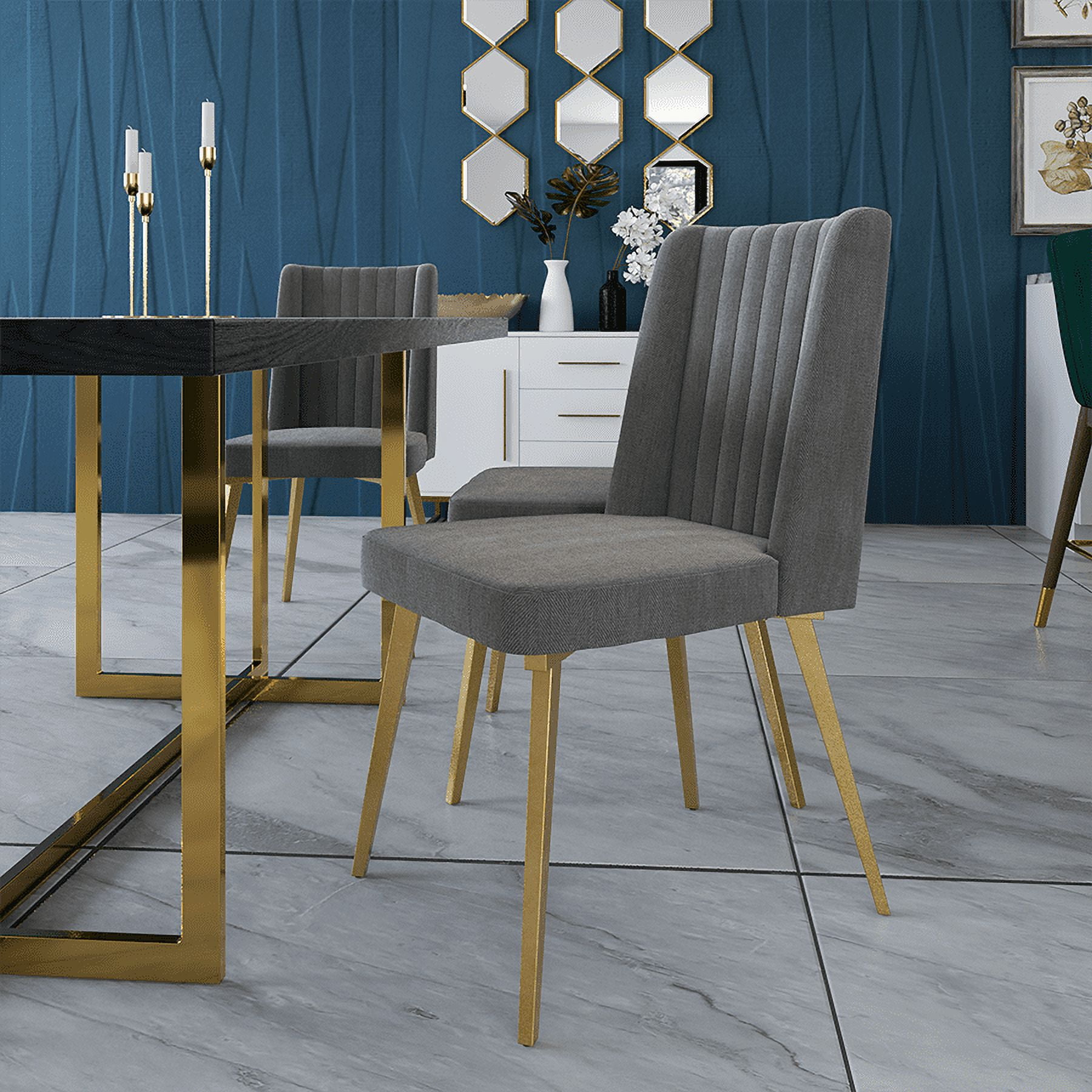 Ember Interiors Ponce Gold Finished Metal Fabric Upholstered Dining Chairs, Set of Two, Dark Grey