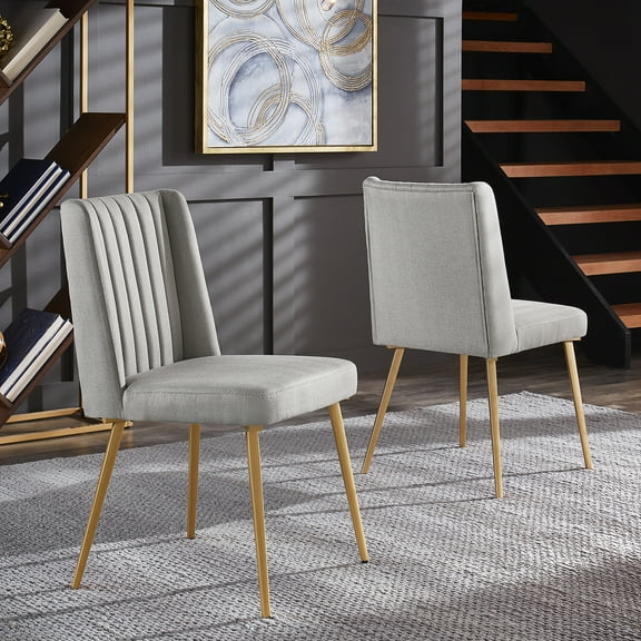 Ember Interiors Ponce Gold Finished Metal Fabric Upholstered Dining Chairs, Set of Two, Light Grey