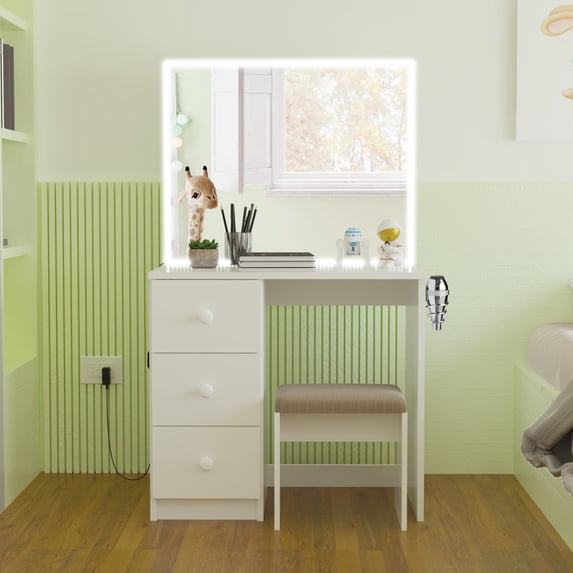 Ember Interiors Small Kids Makeup Desk Vanity with LED Lights, Makeup Chair, Basic Knobs, White