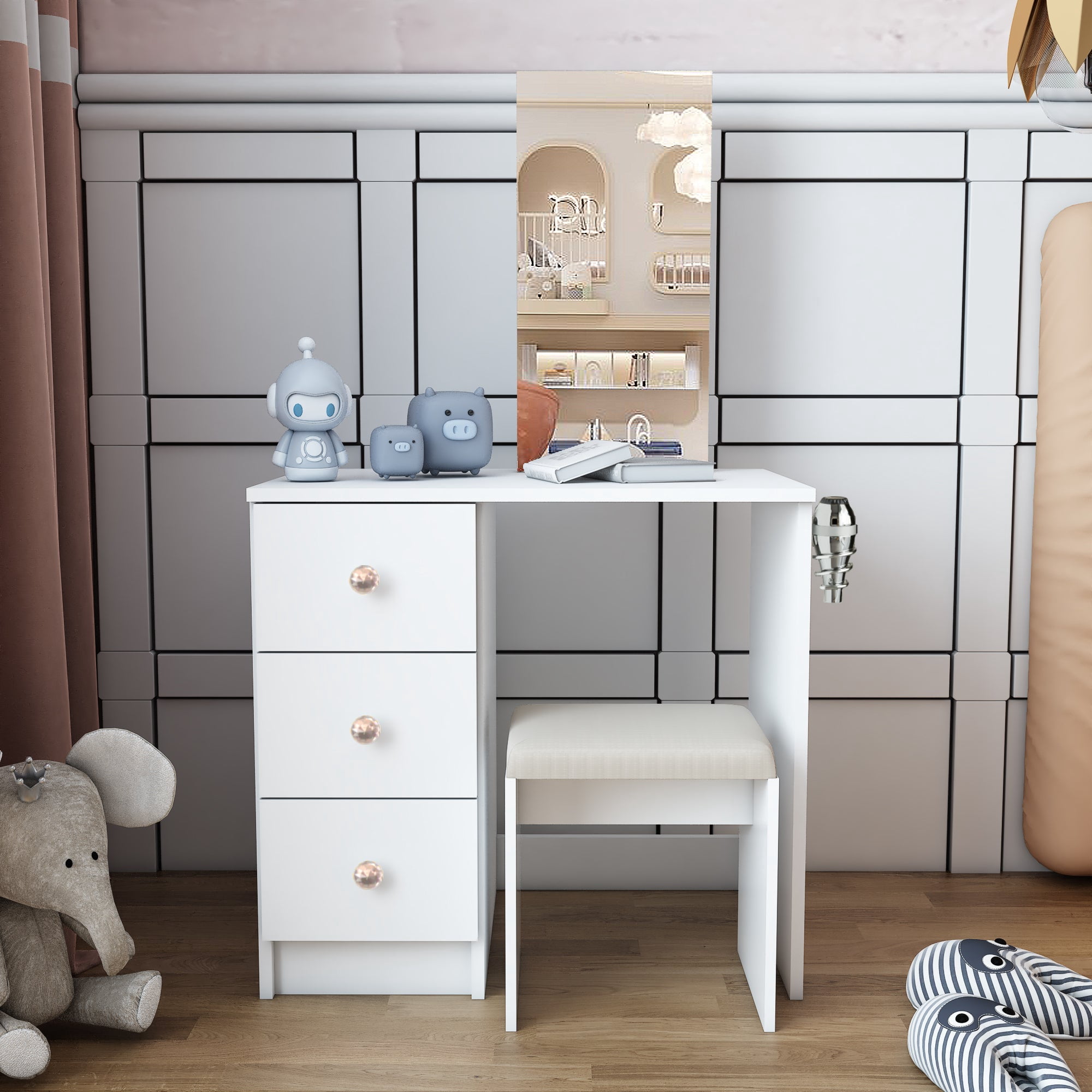 Ember Interiors Small Kids Vanity Makeup Desk Set with Chair, Mirror, Rose Gold Crystal Ball Knobs, White