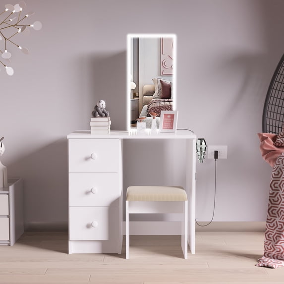 Ember Interiors Small Kids Vanity with LED Lights, Makeup Chair, Basic Knobs, White