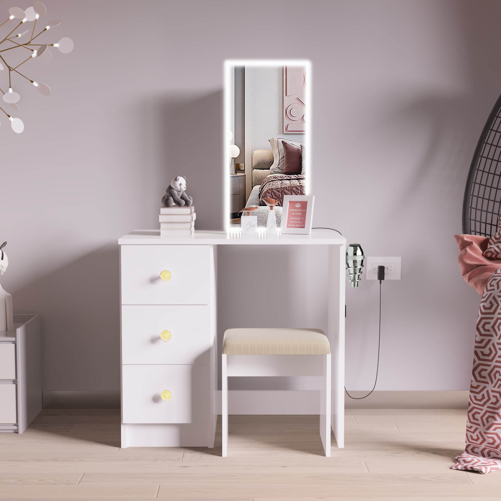 Ember Interiors Small Kids Vanity with LED Lights, Makeup Chair, Gold Crystal Ball Knobs, White