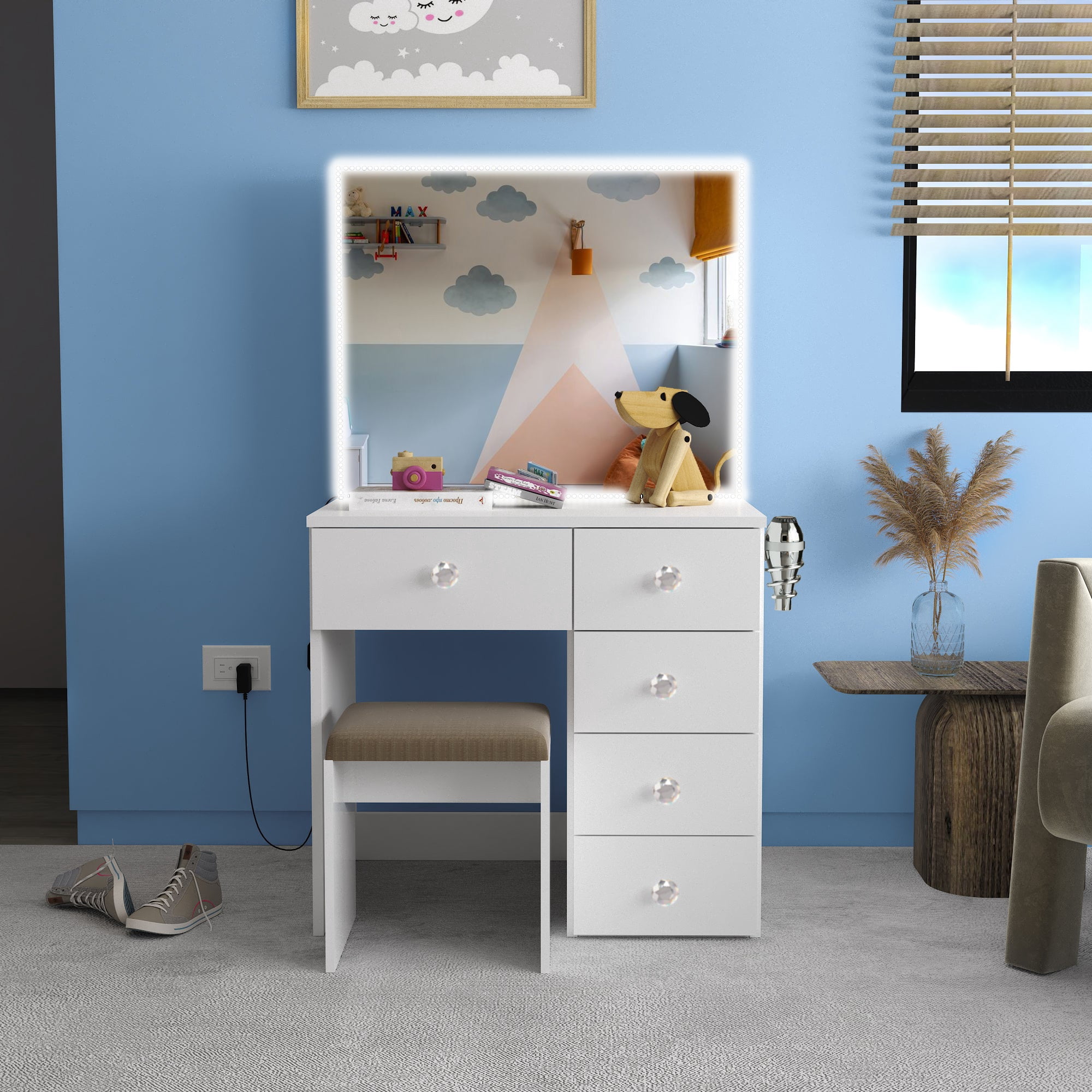 Ember Interiors Small Vanity Makeup Desk with LED Lights, Chair, Crystal Knobs, White