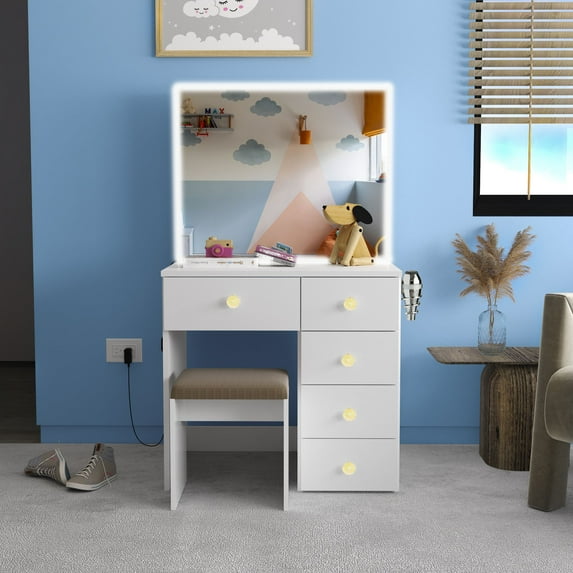 Ember Interiors Small Vanity Makeup Desk with LED Lights, Chair, Gold Crystal Ball Knobs, White