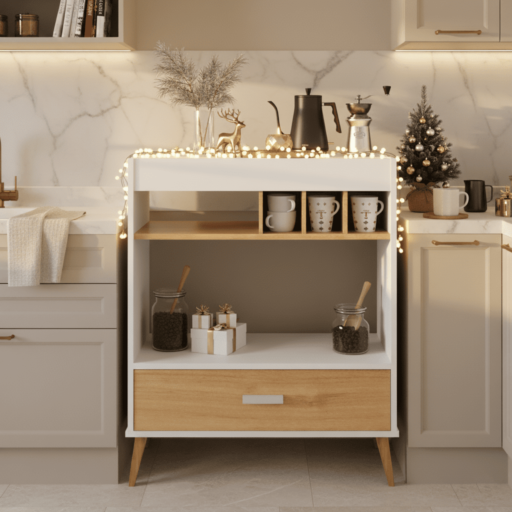 Ember Interiors Stirling White-Brown Mini Bar with Wine Storage, Drawer, and Shelf – Compact Design for Adults
