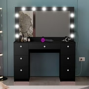 Ember Interiors Tammy Modern Black Makeup Vanity Desk with Lights, Charging Station, Mirror