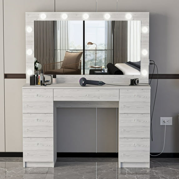 Ember Interiors Tammy Modern Large Greige Makeup Vanity Desk with Built-in Lights and Power Outlet